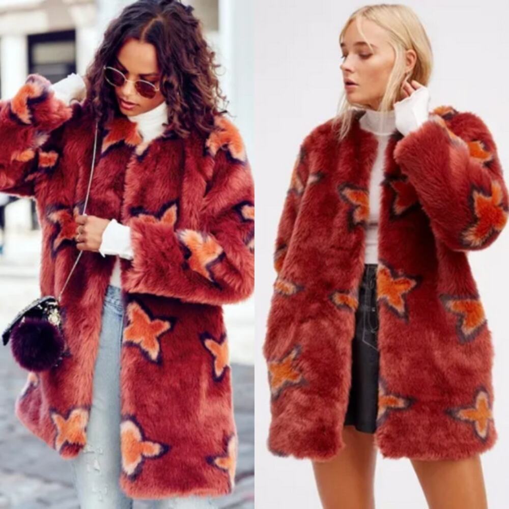 Free People RARE HTF Wrap Me Up Star Faux Fur Fun Jacket Coat‎ Blogger Fav Fall